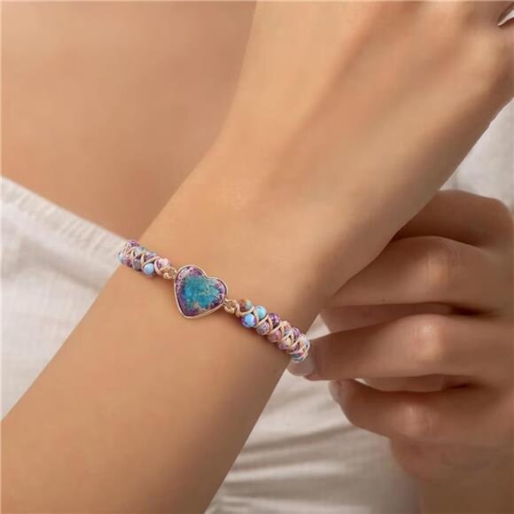 Jasper Heart Bracelet Adjustable Beaded Braided Handmade Jewelry Gift for Women - Picture 4 of 8